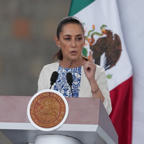 Mexican President Claudia Sheinbaum speaks during a meeting with business leaders in Mexico City, Monday, May 4, 2026. (AP Photo/Fernando Llano)