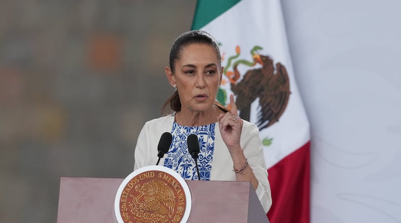 Mexican President Claudia Sheinbaum speaks during a meeting with business leaders in Mexico City, Monday, May 4, 2026. (AP Photo/Fernando Llano)