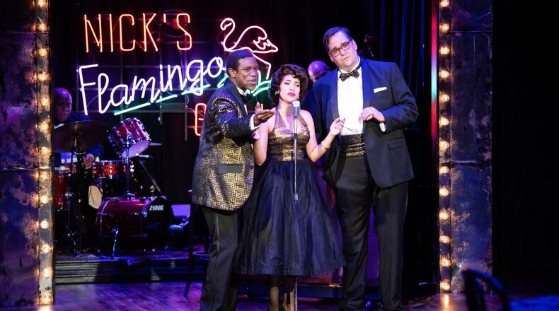 The Alliance Theatre musical “Nick’s Flamingo Grill,” written by Phillip DePoy, features (in foreground, from left) Antwayn Hopper, Diany Rodriguez and Jimmy Kieffer. CONTRIBUTED BY GREG MOONEY