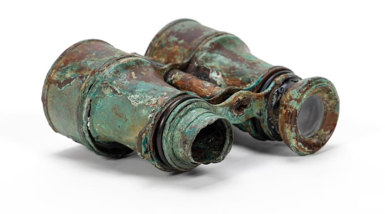 China and binoculars are among the treasures recovered from the wreck of the Carpathia, torpedoed in World War I. Courtesy Ahlers & Ogletree’s auctions