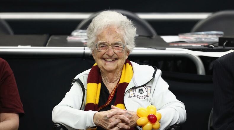 Loyola-Chicago team chaplain Sister Jean Dolores-Schmidt looks on before the Ramblers faced Michigan in Saturday's Final Four game.