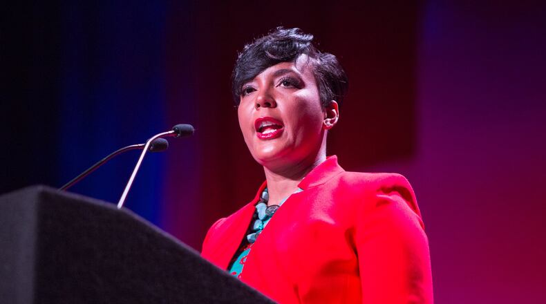 The Honorable Keisha Lance Bottoms, Mayor of Atlanta, speaks at the State Of The City Business Breakfast at the Georgia World Congress Center in Atlanta on Tuesday March 14th, 2019. (Photo by Phil Skinner)