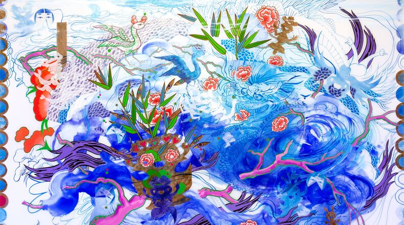 Atlanta-based artist Jiha Moon appears in a solo exhibition, “Where Serpents Change Their Skin,” at Alan Avery Art Company, which includes the work “Head Wind,” in acrylic and hanji on Mylar. CONTRIBUTED BY ALAN AVERY ART COMPANY