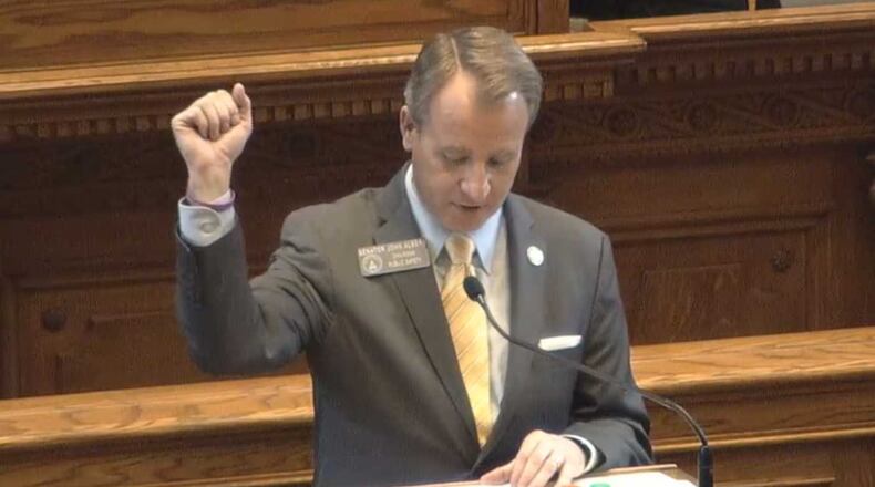Georgia state Sen. John Albers, R-Roswell, shows a purple wristband he wore on Feb. 26, 2021, in honor of Max Gruver, a teenager from his area who died in a fraternity hazing incident in 2017. Albers has introduced legislation that strengthens criminal penalties for hazing convictions and requires more public disclosure of such incidents. (Courtesy of Georgia Legislature)