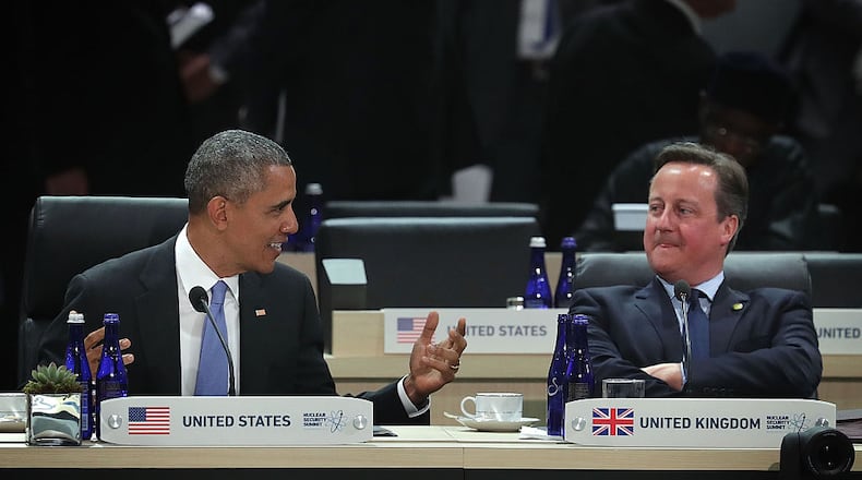 WASHINGTON, DC - APRIL 01: U.S. President Barack Obama (L) talks to Prime Minister of the United Kingdom David Cameron (R) during a scenario-based policy discussion of the 2016 Nuclear Security Summit April 1, 2016 in Washington, DC. U.S. President Barack Obama is hosting the fourth and final in a series of summits to highlight accomplishments and make new commitments towards reducing the threat of nuclear terrorism. (Photo by Alex Wong/Getty Images)