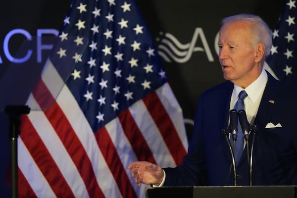 Former U.S. President Joe Biden speaks at the Advocates, Counselors, and Representatives for the Disabled conference in Chicago, Tuesday, April 15, 2025. (AP Photo/Nam Y. Huh)