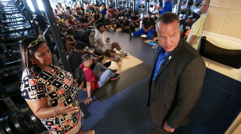 McEachern High School principal, Regina Montgomery (left) takes Cobb County Schools Superintendent, Chris Ragsdale (right) on a tour of the school at McEachern High School at 2400 New Macland Road in Cobb County. JOHN SPINK/JSPINK@AJC.COM.