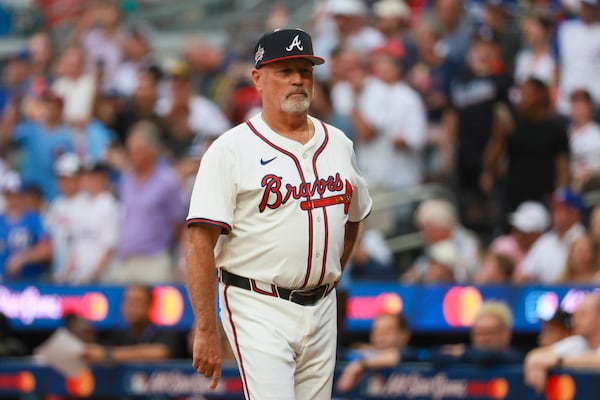 Atlanta Braves manager Brian Snitker participates in introductions for the MLB All-Star Game at Truist Park in Atlanta on Tuesday, July 15, 2025. (Jason Getz/AJC)