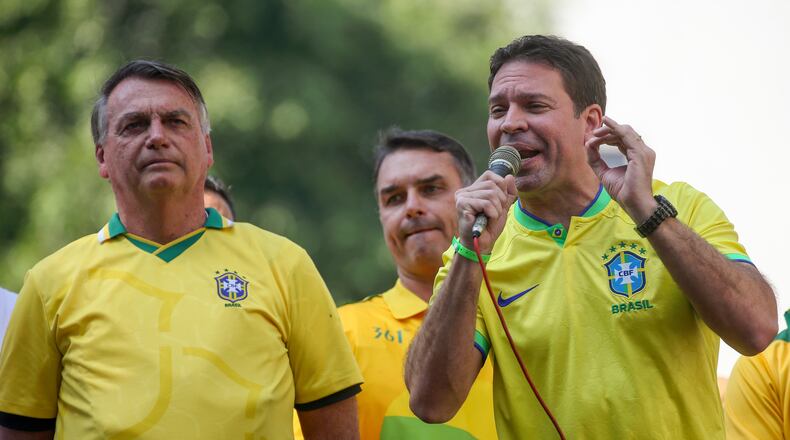 FILE - Mayoral pre-candidate for Rio de Janeiro, Alexandre Ramagem, campaigns as former Brazilian President Jair Bolsonaro stands by in Rio de Janeiro, July 18, 2024. (AP Photo/Bruna Prado, File)