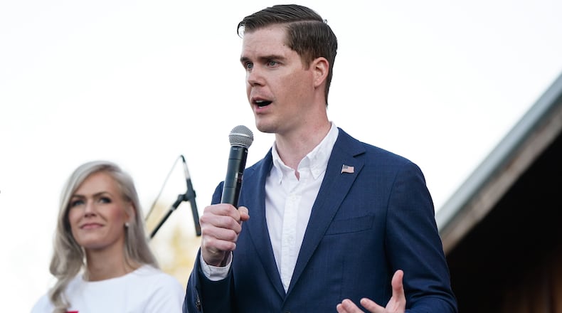 Republican House candidate Jake Evans speaks at a campaign event on Thursday, March 31, 2022, in Cumming. (Elijah Nouvelage/Special to the Atlanta Journal-Constitution)
