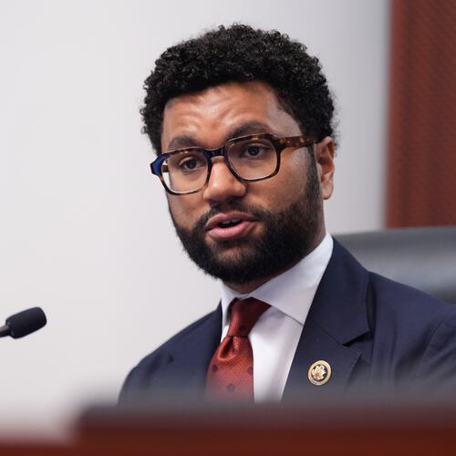 FILE - Rep. Maxwell Frost, D-Fla., speaks during a field hearing by House Oversight Committee Democrats focused on the Epstein Investigation, May 12, 2026, in West Palm Beach, Fla. (AP Photo/Rebecca Blackwell, File)