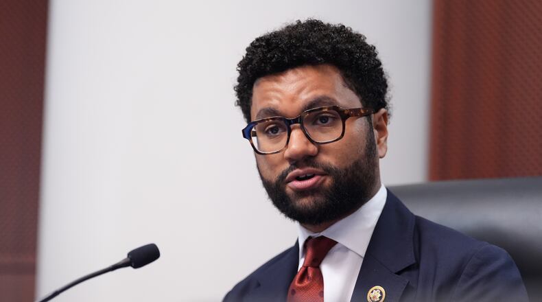 FILE - Rep. Maxwell Frost, D-Fla., speaks during a field hearing by House Oversight Committee Democrats focused on the Epstein Investigation, May 12, 2026, in West Palm Beach, Fla. (AP Photo/Rebecca Blackwell, File)