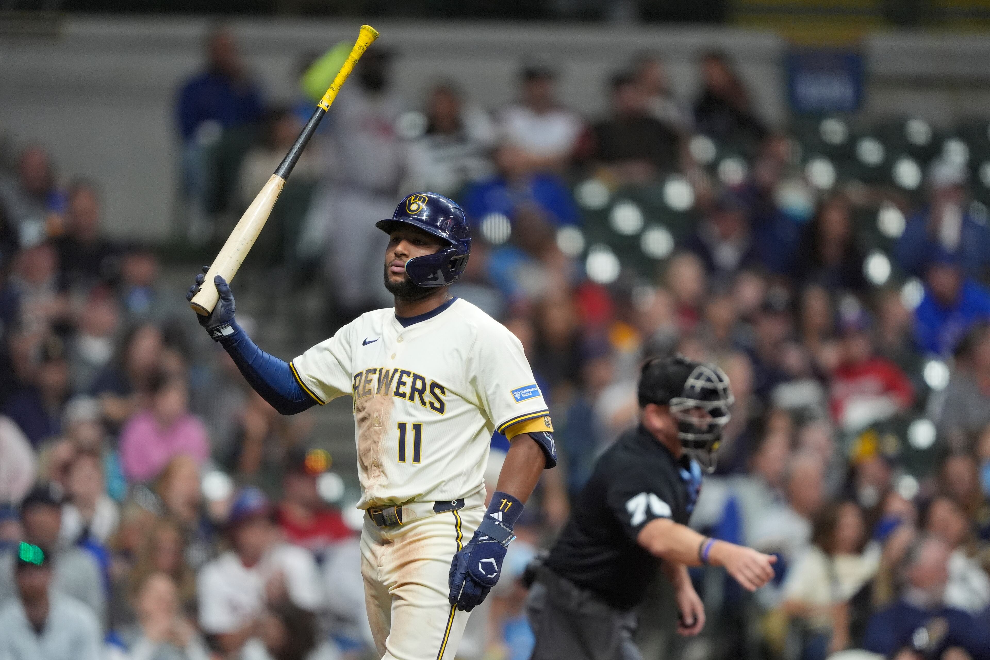Milwaukee Brewers' Jackson Chourio reacts after striking out during the fifth inning of a baseball game against the Atlanta Braves, Monday, June 9, 2025, in Milwaukee. (AP Photo/Aaron Gash)