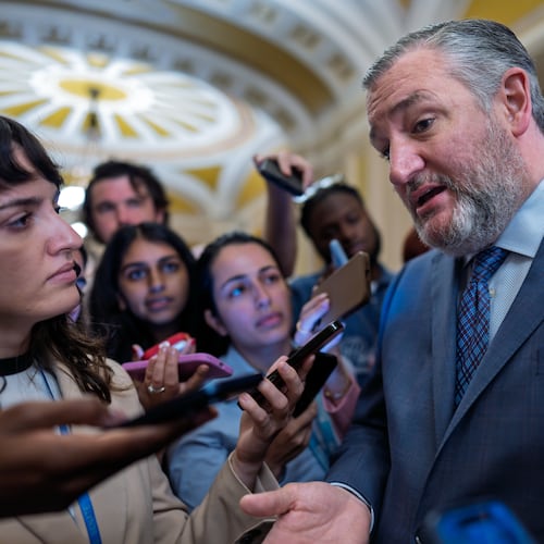 Sen. Ted Cruz, R-Texas, chairman of the Senate Commerce Committee, speaks to reporters after a closed-door meeting with fellow Republicans, at the Capitol in Washington, Tuesday, June 2, 2026. (AP Photo/J. Scott Applewhite)