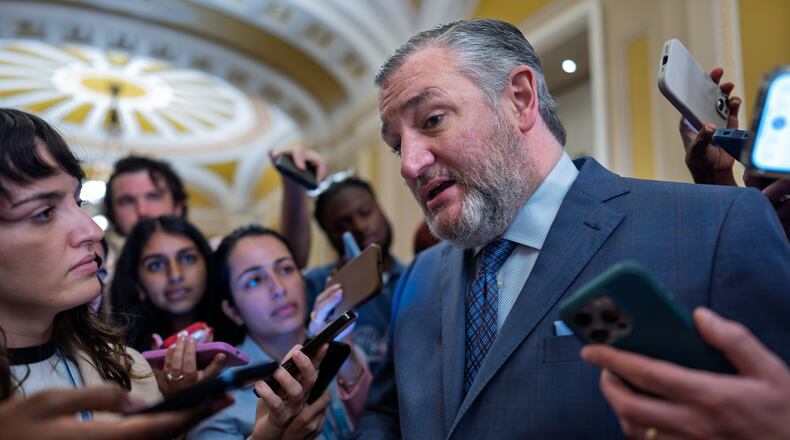 Sen. Ted Cruz, R-Texas, chairman of the Senate Commerce Committee, speaks to reporters after a closed-door meeting with fellow Republicans, at the Capitol in Washington, Tuesday, June 2, 2026. (AP Photo/J. Scott Applewhite)