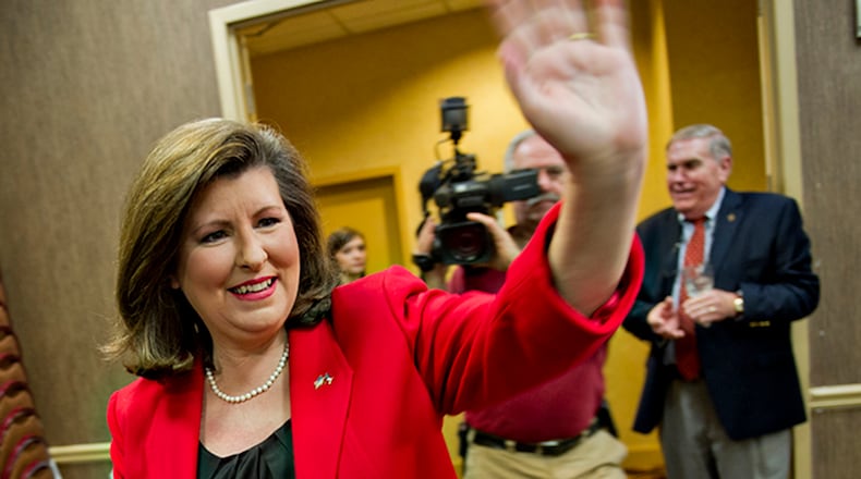 Former Georgia Secretary of State Karen Handel on Tuesday won a place in the 6th Congressional District runoff on June 20. JONATHAN PHILLIPS / Special to the Atlanta Journal-Constitution.