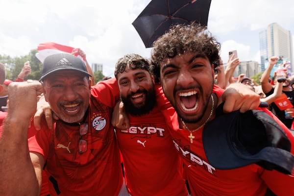 Egypt fans react to a goal during the first half of the World Cup game against Egypt at FIFA Fan Fest in Centennial Park in Atlanta on Tuesday, July 7, 2026. (Estela Muñoz/AJC)