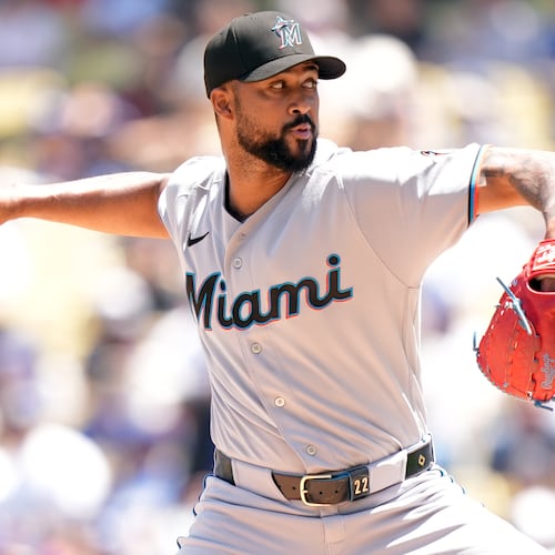 Miami Marlins' Sandy Alcantara (22) pitches against the Los Angeles Dodgers in the second inning of a baseball game Wednesday, April 29, 2026, in Los Angeles. (AP Photo/Scott Strazzante)