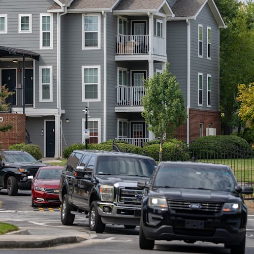 A man was found dead early Friday, Aug. 21, 2026, at the Villages of Castleberry Hill apartment complex in southwest Atlanta. (Ben Hendren for the AJC)