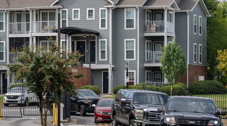 A man was found dead early Friday, Aug. 21, 2026, at the Villages of Castleberry Hill apartment complex in southwest Atlanta. (Ben Hendren for the AJC)