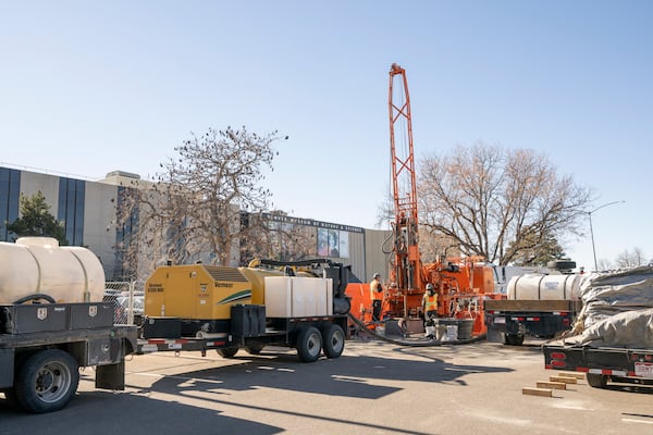 This undated photograph provided by the Denver Museum of Nature and Science shows core drilling used for geothermal feasibility and research to show what lies beneath the museum in the north parking lot at Denver Museum of Nature and Science. (Richard M Wicker/Denver Museum of Nature and Science via AP)