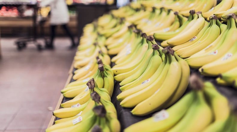Bananas lined up in store. A concerned resident in Independence, Missouri, prompted a police investigation after reporting that a discolored banana that their nephew ate appeared to contain blood.