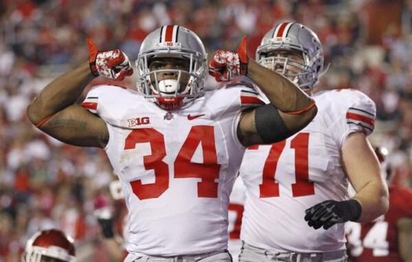 Carlos Hyde strikes a pose after scoring last season. (Sam Riche / Associated Press ).