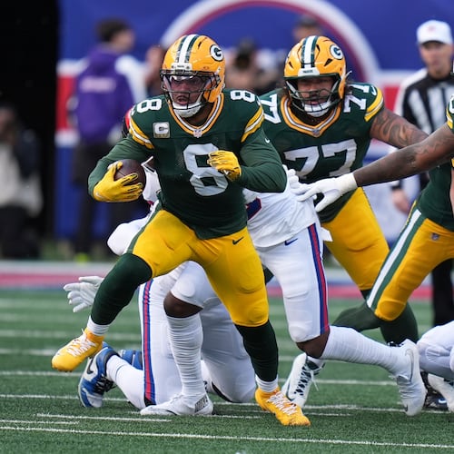 Green Bay Packers' Josh Jacobs runs for a first down during the first half of an NFL football game against the New York Giants Sunday, Nov. 16, 2025, in East Rutherford, N.J. (AP Photo/Seth Wenig)