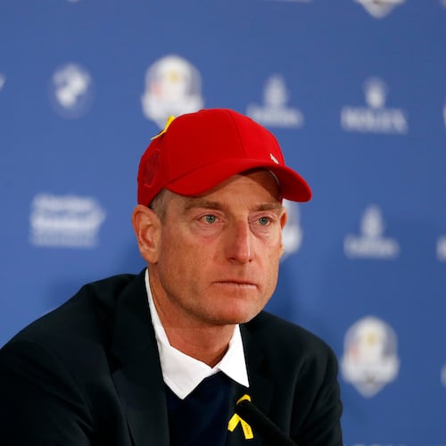 FILE - US team captain Jim Furyk attends the press conference of the losing team after Europe won the 2018 Ryder Cup golf tournament at Le Golf National in Saint Quentin-en-Yvelines, outside Paris, France, Sunday, Sept. 30, 2018. (AP Photo/Alastair Grant, file)