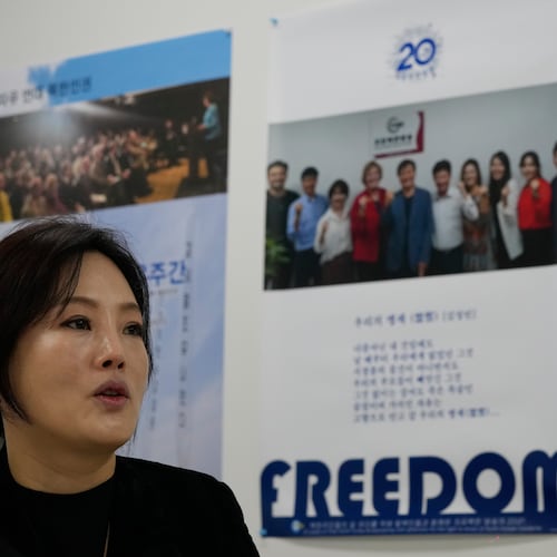 Lee Si-young, head of the Free North Korea Radio station, speaks during an interview with The Associated Press at her office in Seoul, South Korea, Monday, Nov. 17, 2025. (AP Photo/Ahn Young-joon)