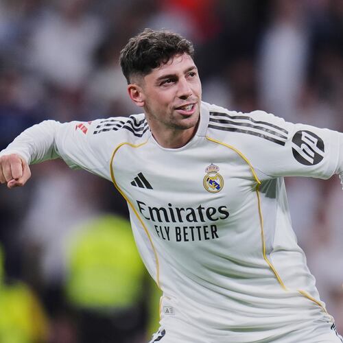Real Madrid's Federico Valverde celebrates after scoring the opening goal during a Spanish La Liga soccer match between Real Madrid and Girona in Madrid, Spain, Friday, April 10, 2026. (AP Photo/Manu Fernandez)