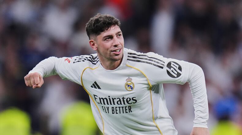 Real Madrid's Federico Valverde celebrates after scoring the opening goal during a Spanish La Liga soccer match between Real Madrid and Girona in Madrid, Spain, Friday, April 10, 2026. (AP Photo/Manu Fernandez)