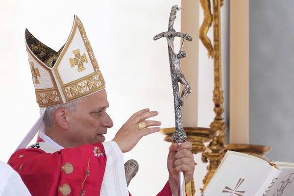 Pope Leo XIV delivers his blessing at the end of a Mass for the Jubilee of New Religious Associations on Pentecost Day in St. Peter's Square at the Vatican, Sunday, June 8, 2025. (AP Photo/Andrew Medichini)