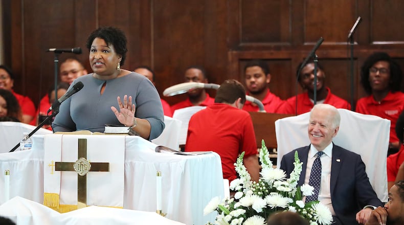 March 1, 2020 Selma: Former candidate for governor Stacey Abrams speaks at Brown Chapel African Methodist Episcopal Church with Joe Biden, Former United States Vice-President and Democrat candidate for President looking on during Selma's re-enactment of Bloody Sunday on Sunday, March 1, 2020, in Selma. Curtis Compton ccompton@ajc.com