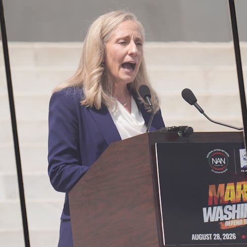 Virginia Governor Abigail Spanberger, speaks during the March on Washington rally at the Lincoln Memorial on the National Mall, Friday, Aug. 28, 2026 in Washington. (AP Photo/Manuel Balce Ceneta)