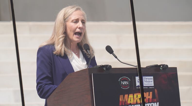 Virginia Governor Abigail Spanberger, speaks during the March on Washington rally at the Lincoln Memorial on the National Mall, Friday, Aug. 28, 2026 in Washington. (AP Photo/Manuel Balce Ceneta)