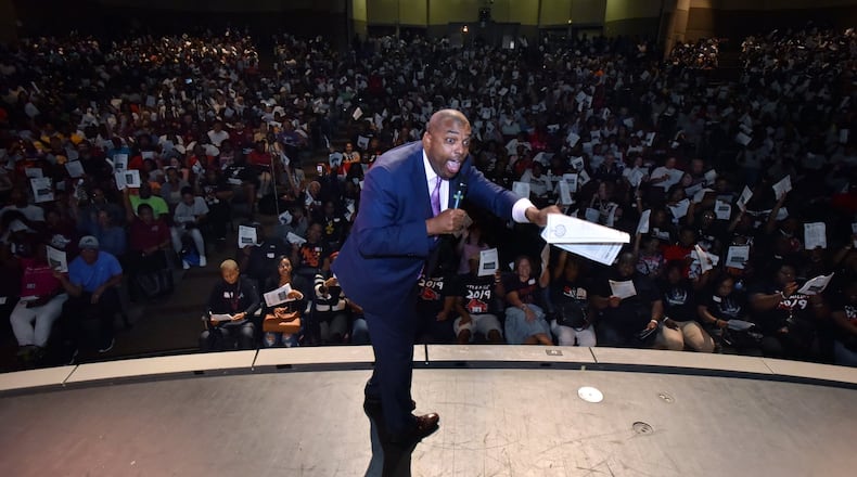 Morcease Beasley, superintendent of Clayton County Schools, speaks before teachers in 2019. Leadership Atlanta has asked him to be part of their next class of regional leaders. (Hyosub Shin / Hyosub.Shin@ajc.com)