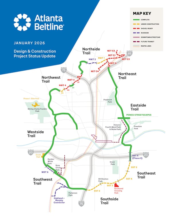 The green lines show completed trail segments of the Atlanta Beltline. Officials say the arboretum spans more than 12 miles along completed trails. (Courtesy of the Atlanta Beltline)