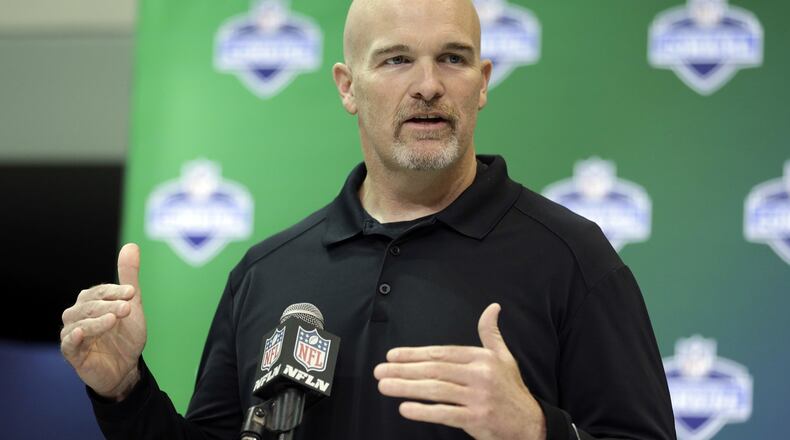Atlanta Falcons head coach Dan Quinn speaks during a press conference at the NFL Combine in Indianapolis, Wednesday, March 1, 2017. (AP Photo/Michael Conroy)