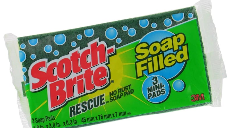 Scotch-Brite Rescue soap-filled heavy-duty scrub was designed with a sponge side to remove grease and particles, while the scouring pad side worked on heavy grime.