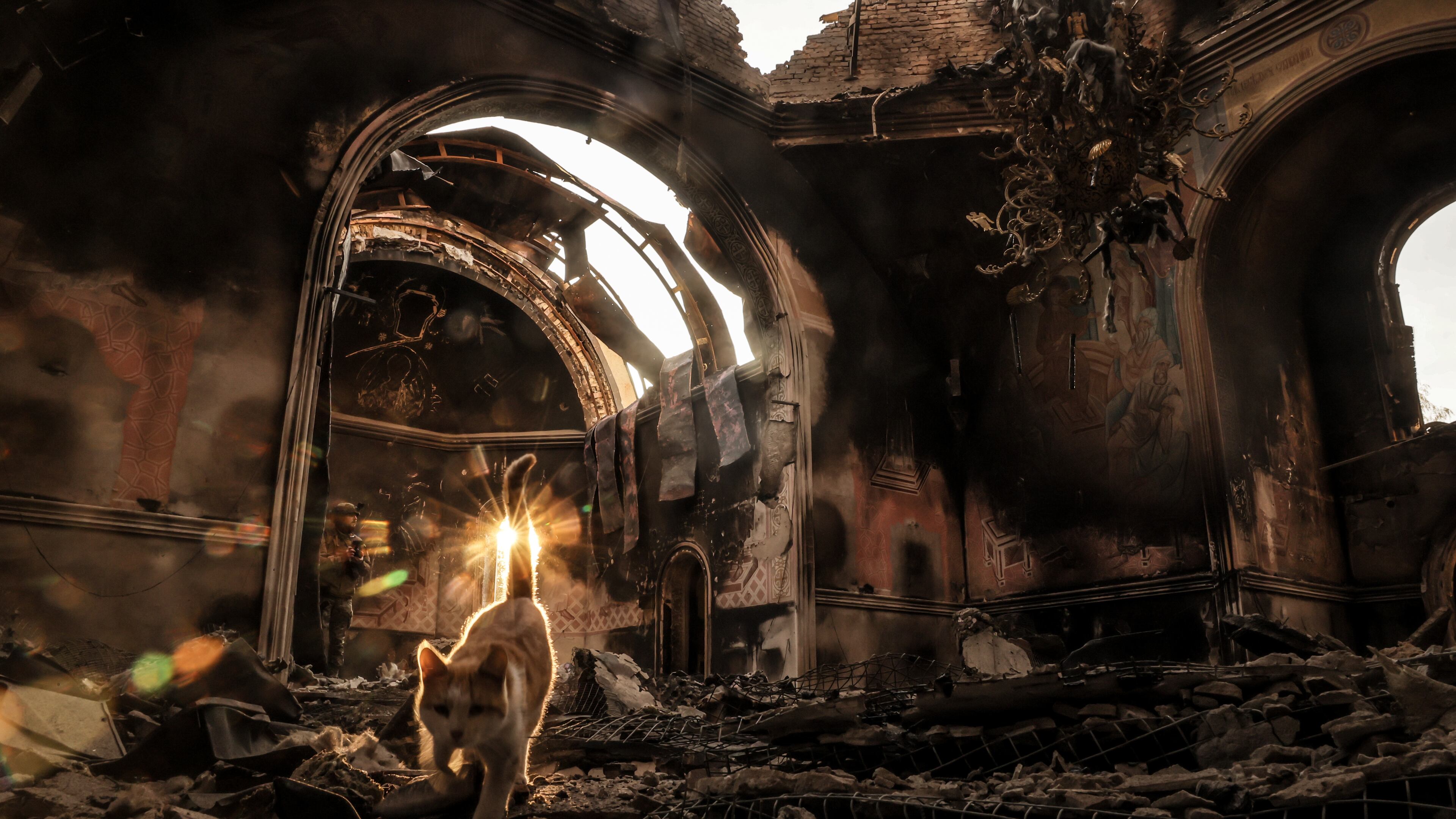 In this photo taken on Oct.13, 2025 and provided by Ukraine's 24th Mechanized Brigade press service, a cat walks inside the damaged church in Kostiantynivka, a frontline town where some 5000 people still stay with no water, electricity and gas supply in the site of heaviest battles with the Russian troops in the Donetsk region, Ukraine. (Oleg Petrasiuk/Ukraine's 24th Mechanized Brigade via AP)