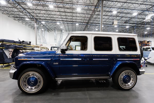 A Vintage Modern vehicle made to look like a 1970s-era Mercedes Benz G-Wagon was on display in the company's Buford headquarters on June 26, 2026. (Estela Muñoz/AJC)