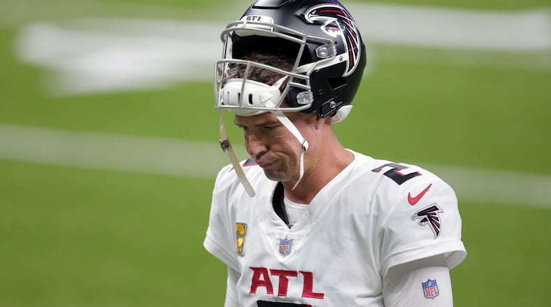 Falcons quarterback Matt Ryan (2) walks off the field after 24-9 loss to the Saints Sunday, Nov. 22, 2020, in New Orleans. (Brett Duke/AP)