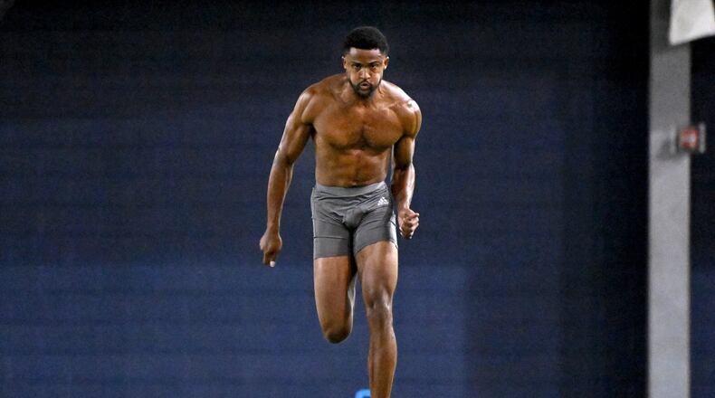 Georgia Tech defensive back Myles Sims runs the 40-yard dash during Georgia Tech Pro Day at Georgia Tech football's indoor practice facility, Friday, March 15, 2024, in Atlanta. (Hyosub Shin / Hyosub.Shin@ajc.com)
