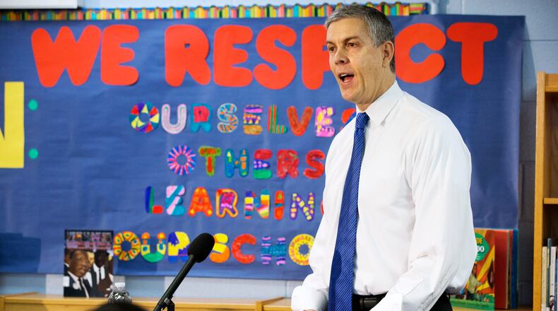 Education Secretary Arne Duncan speaks about the administration's priorities for education at Seaton Elementary in Washington, Monday, Jan. 12, 2015. (AP Photo/Jacquelyn Martin)