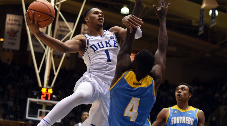Duke guard Trevon Duval goes to the basket against Southern.