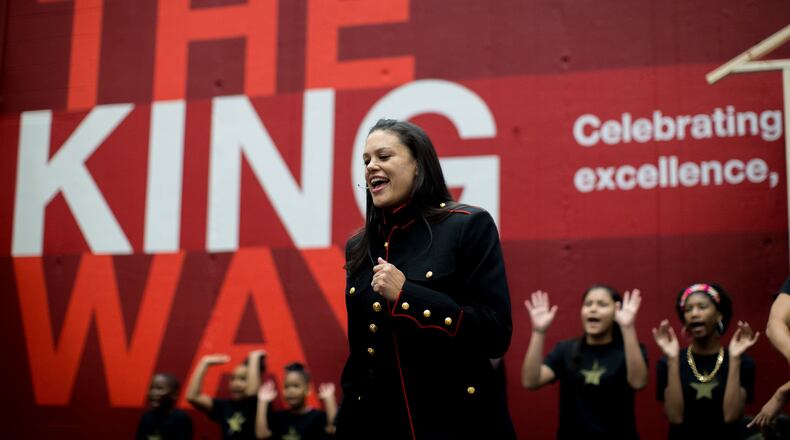 Atlanta Public Schools Superintendent Meria Carstarphen sings the song "My Shot" from "Hamilton" with students during the annual State of the District event at King Middle School in the fall. BRANDEN CAMP/SPECIAL