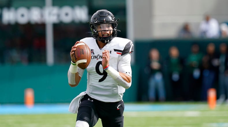 Former Cincinnati quarterback Desmond Ridder was drafted in the third round by the Falcons. (AP Photo/Gerald Herbert)