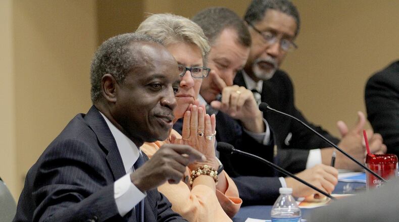 DeKalb County CEO Mike Thurmond leads the discussion Thursday with mayors, county commissioners and city officials over DeKalb’s proposed sales tax increase. From left: Thurmond, DeKalb Commission Presiding Officer Kathie Gannon, Tucker Mayor Frank Auman and Stonecrest Mayor Jason Lary. (Akili-Casundria Ramsess/Special to the AJC)