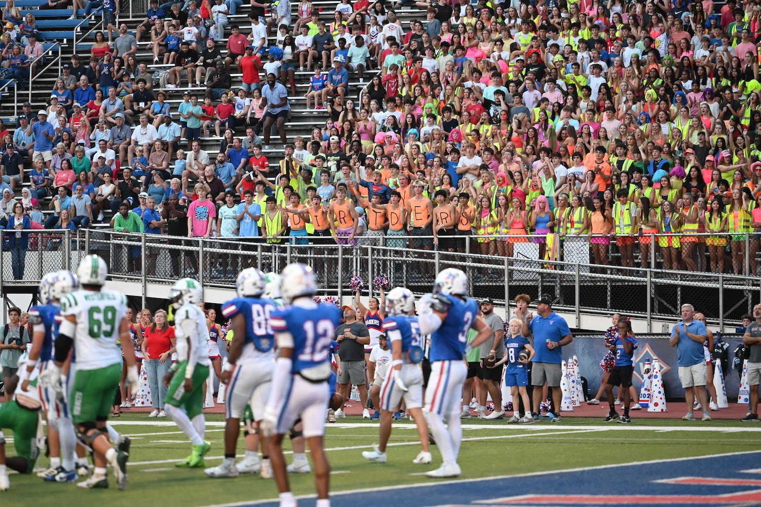 The Walton Raiders home section is packed with fans during their game against Roswell Friday, August 29, 2025 at Walton High School. (Daniel Varnado/For the Atlanta Journal-Constitution)